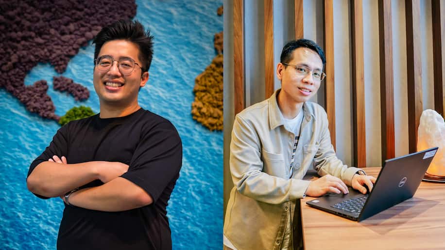 Portrait shots of Associate Research Engineer at Visa Alfred Ang (in black) and Associate Developer at Temus Christopher Tan.