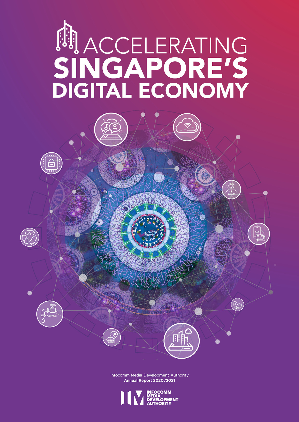 The front cover of IMDA's Annual Report 2020/2021, titled 'Accelerating Singapore's Digital Economy' with illustrations of SG's tech scene