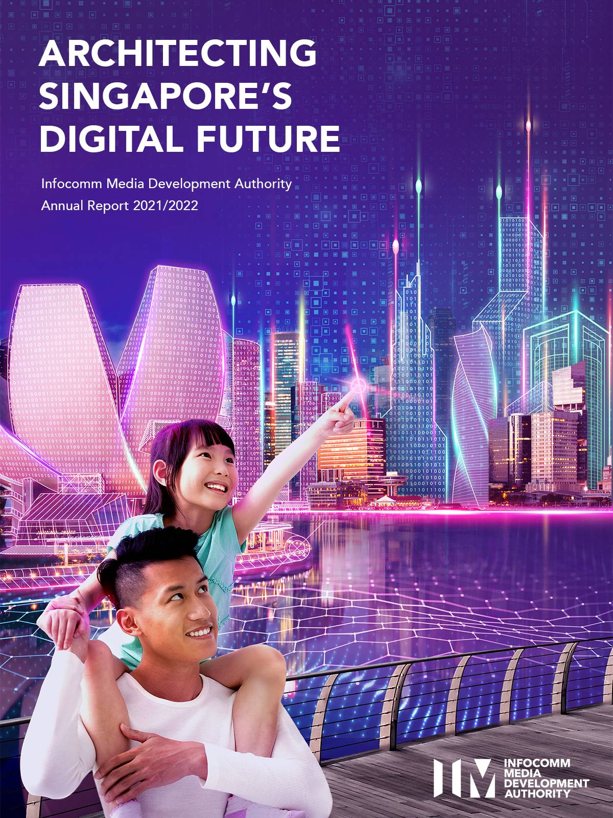 The front cover of IMDA's Annual Report 2021/2022 shows a boy piggybacking a little girl against a backdrop of Singapore's urban landscape