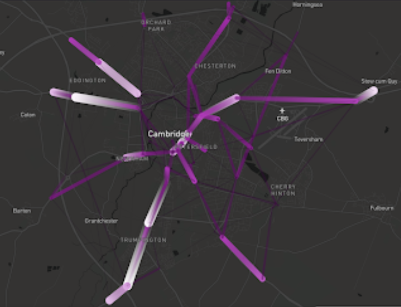 IMDA Spark Programme: GeoSpock DB database visualising traffic patterns in Cambridge city centre using ANPR data