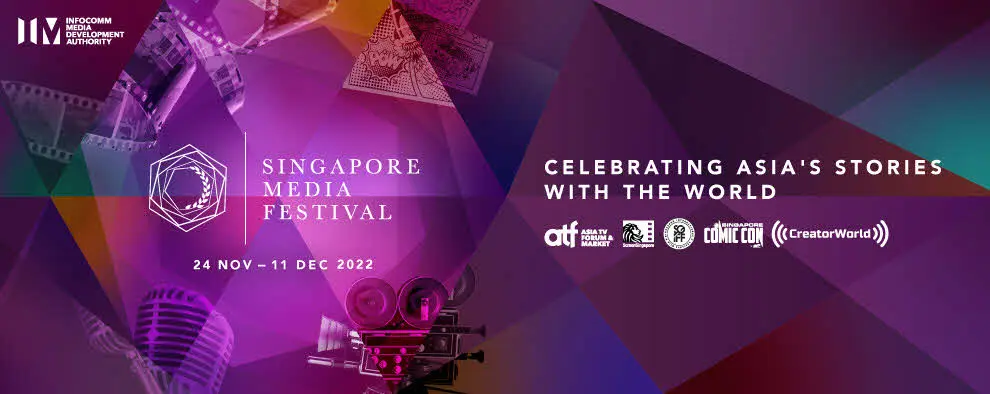 Hero banner promoting the Singapore Media Festival by IMDA, showcasing film elements, a camera, a mic, and participating events' logos