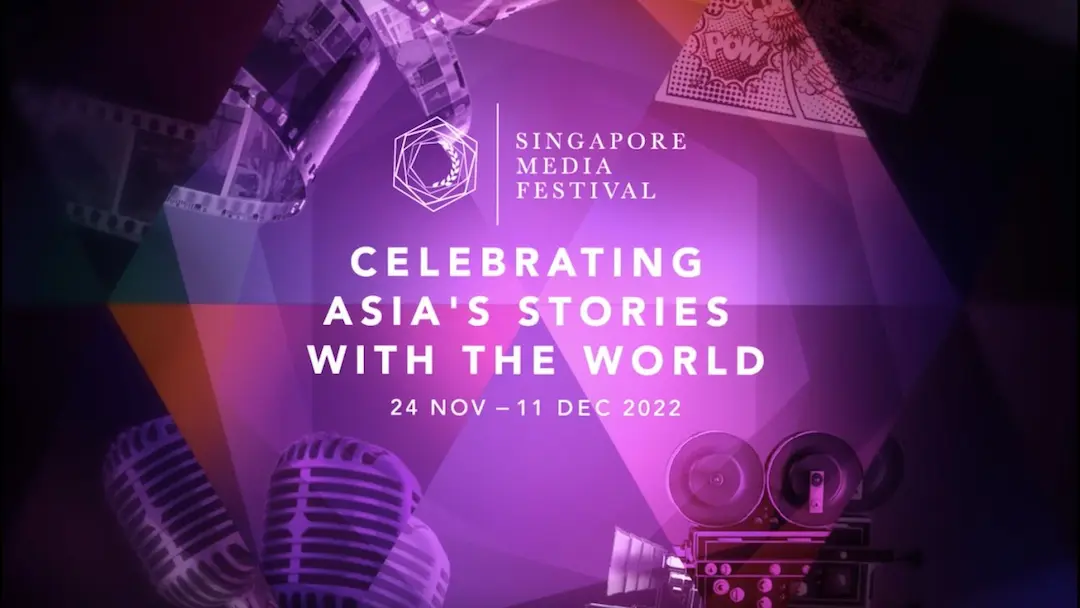 The thumbnail image of the Singapore Media Festival by IMDA, showcasing film elements, a camera, a mic, and participating events' logos