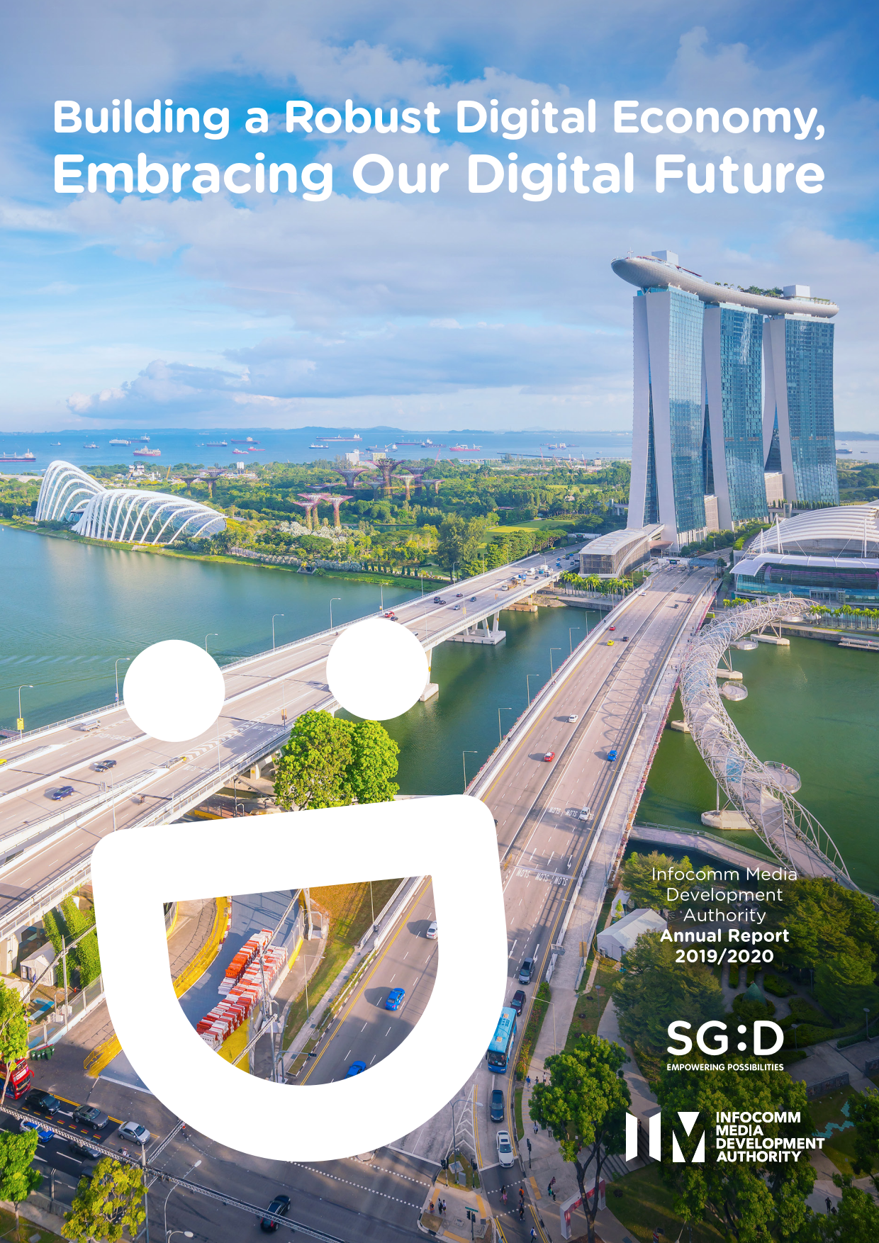 The front cover of IMDA's Annual Report 2019/2020 features a smiley icon set against the backdrop of Singapore's Marina Bay skyline