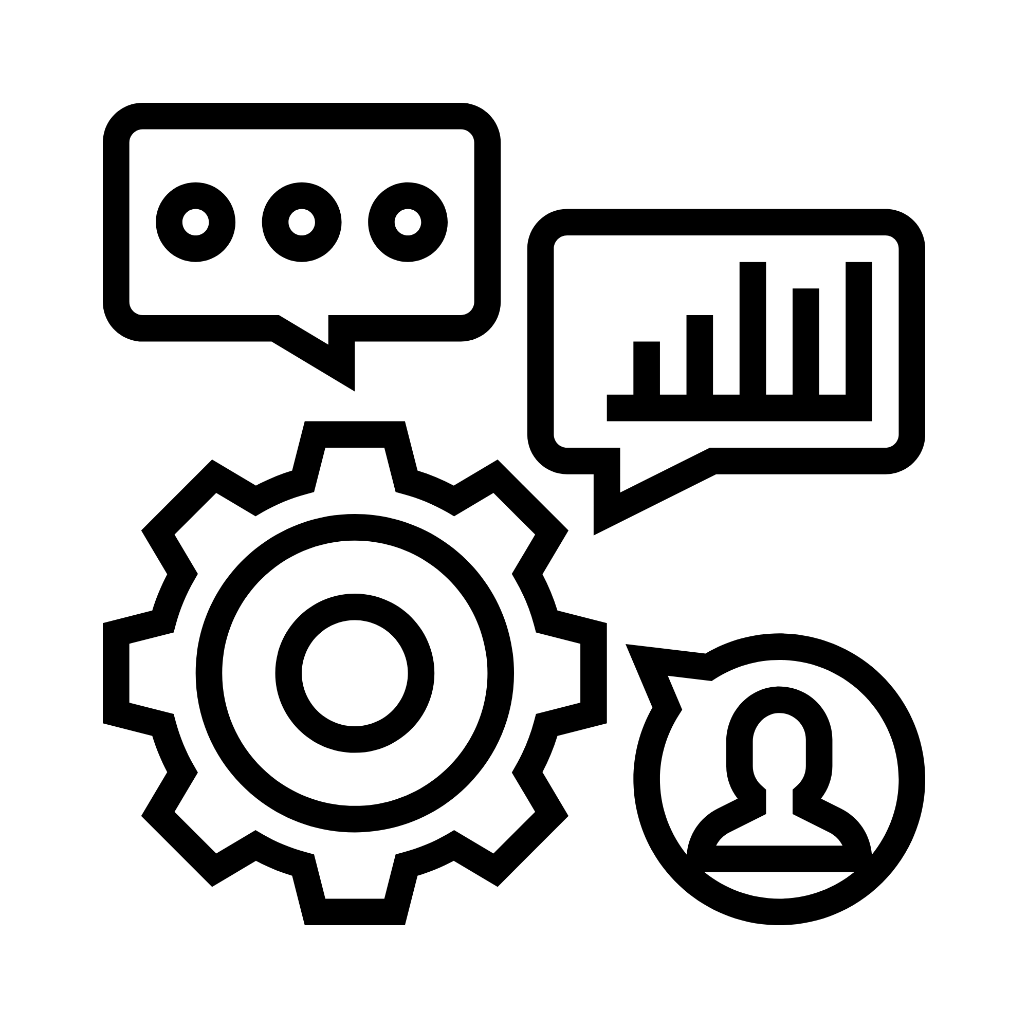 A settings cog icon surrounded by speech bubbles and graphs, representing gaining broad-based exposure under the IMDA's AIM Programme