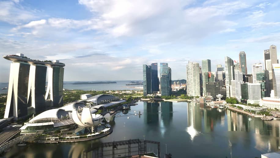 The Singapore Marina Bay skyline, which includes Fullerton Bay and the Central Business District