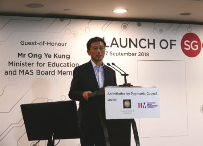 Education Minister Ong Ye Kung speaking at the official launch of SGQR, part of efforts to build up Singapore’s digital payment ecosystem