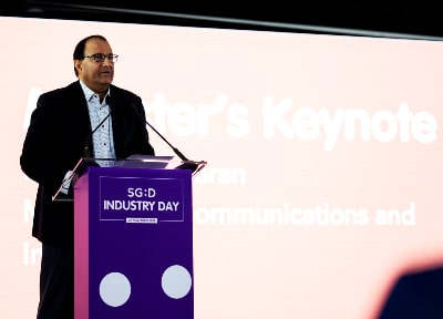 Minister for Communications and Information, Mr S Iswaran, give a speech at IMDA's SG:D Industry Day