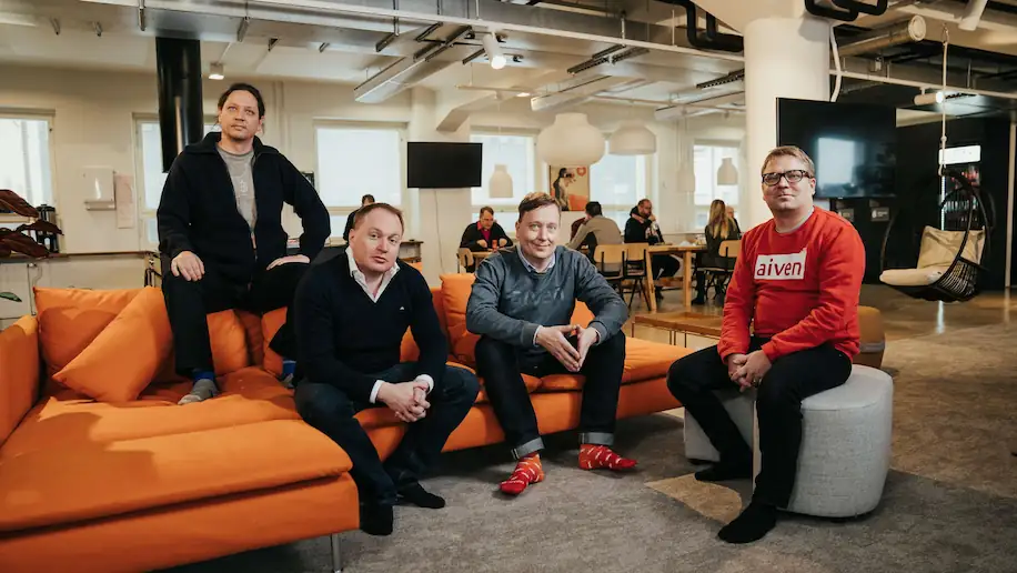 A group photo of Aiven's founders, from left to right: Mika Eloranta, Hannu Valtonen, Oskari Saarenmaa and Heikki Nousiainen.