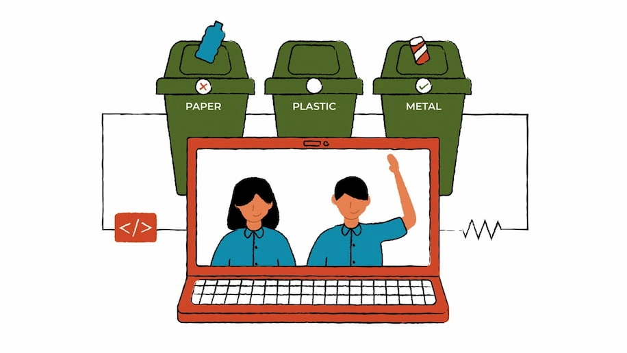 An illustration of students that created AI-enabled 'Recycle RAIght' which identifies paper, plastic and metal for recycling.