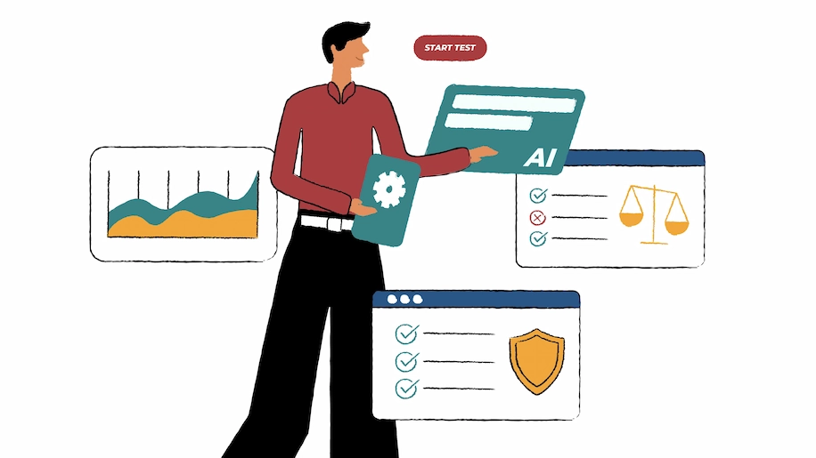 An illustration of a man starting an AI test surrounded by tabs showing a security checklist, weighing balance and chart.