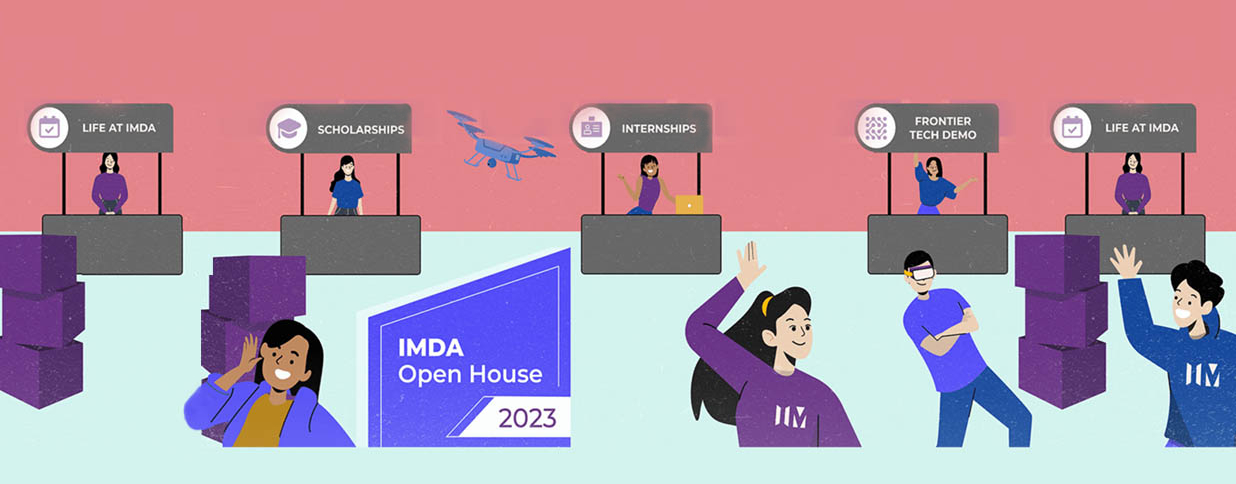 Graphic illustration of people from all walks of life at IMDA open house