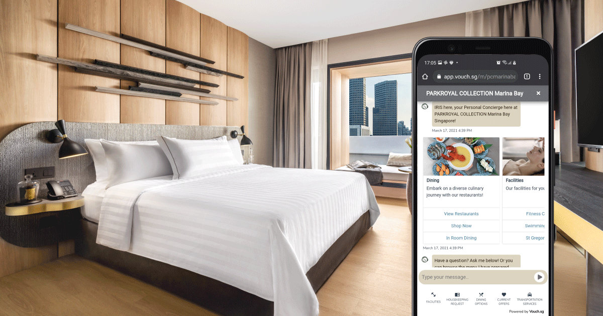 PARKROYAL COLLECTION Marina Bay hotel room and mobile screen with Vouch's platform, showcasing IMDA-accredited guest experience enhancement