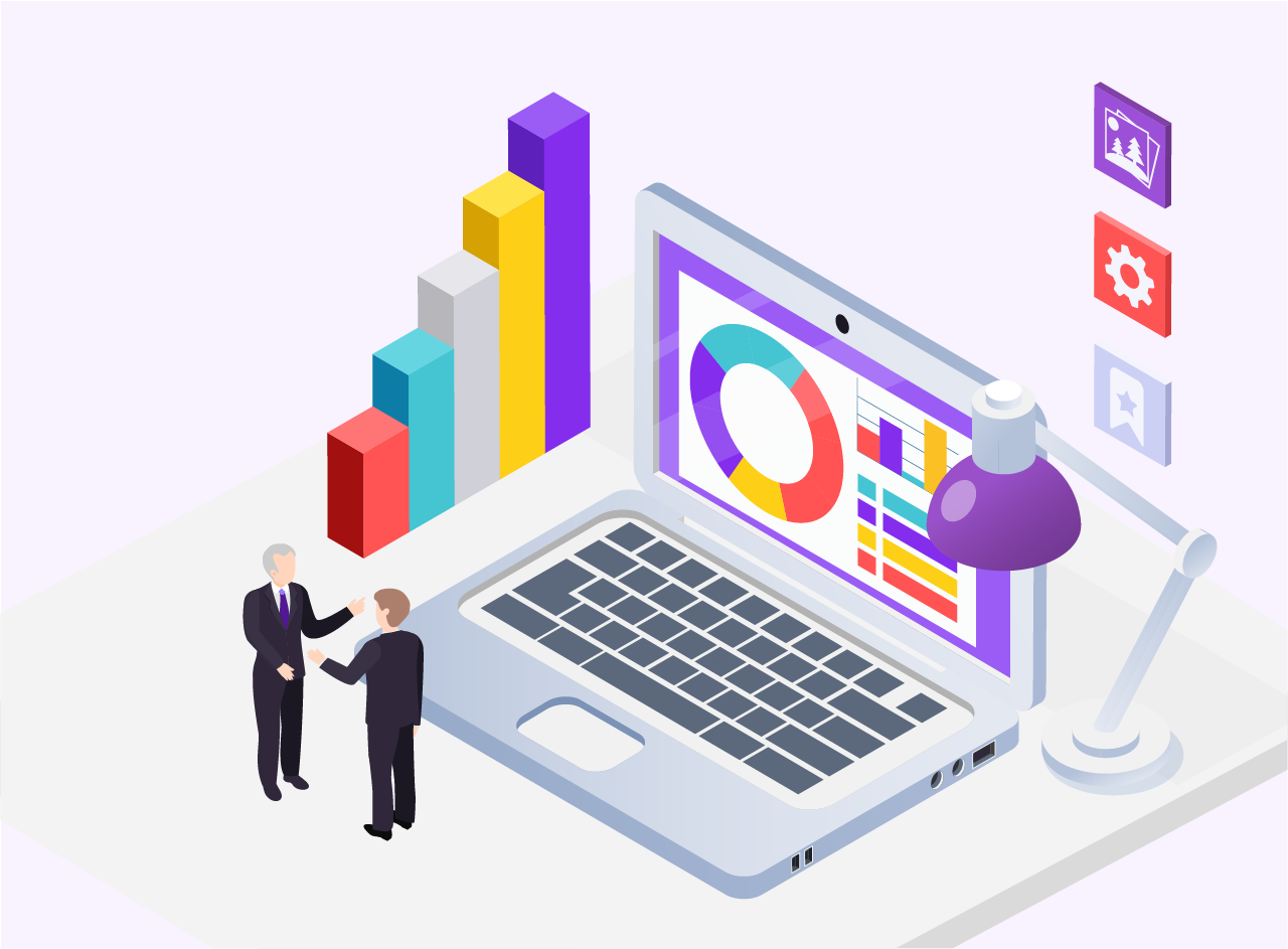 A graphic of two businessmen standing in front of a laptop surrounded by charts, symbolising the use of the BI tool to grow product sales