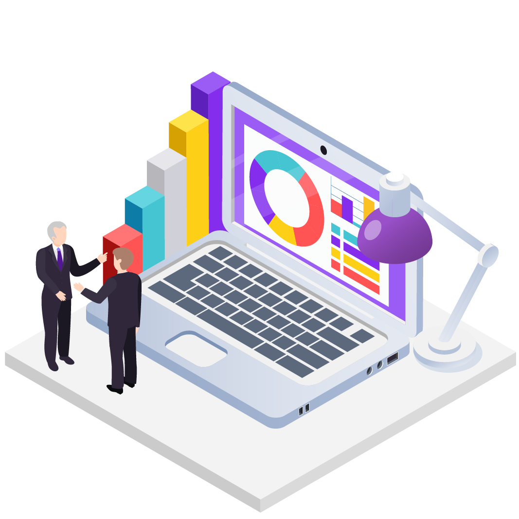 Animated professionals standing around a laptop, with various graphs and charts using the business intelligence tool for insights