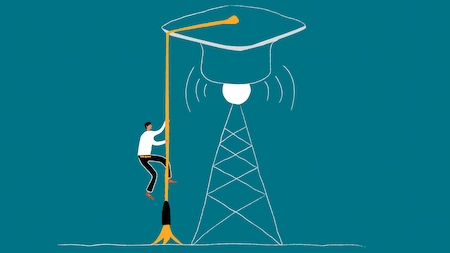Illustration of a person climbing up the robe of a graduation hat
