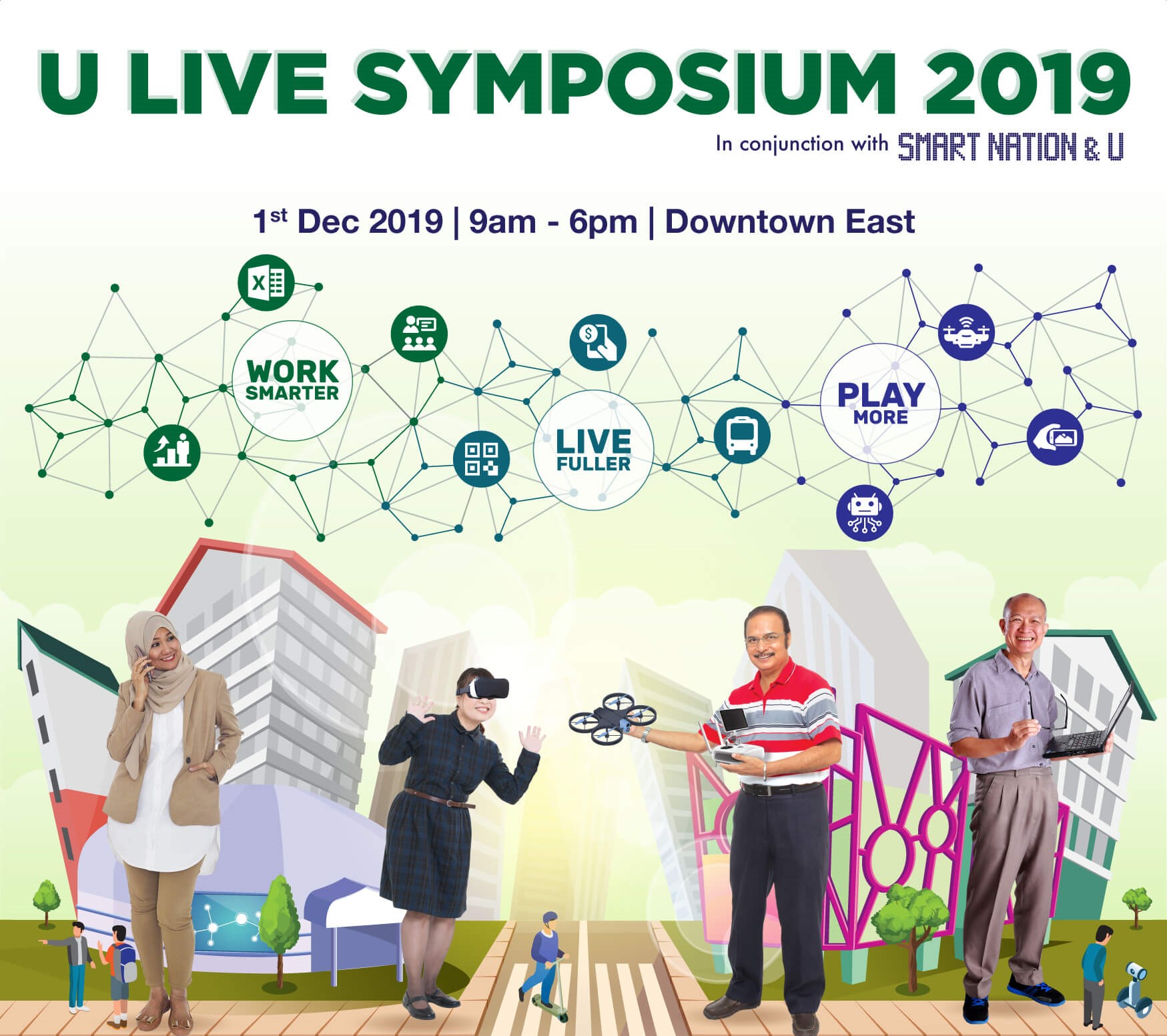 Digital for Life Fund Project: Poster of the U Live Symposium 2019, featuring popular tech workshops for active agers