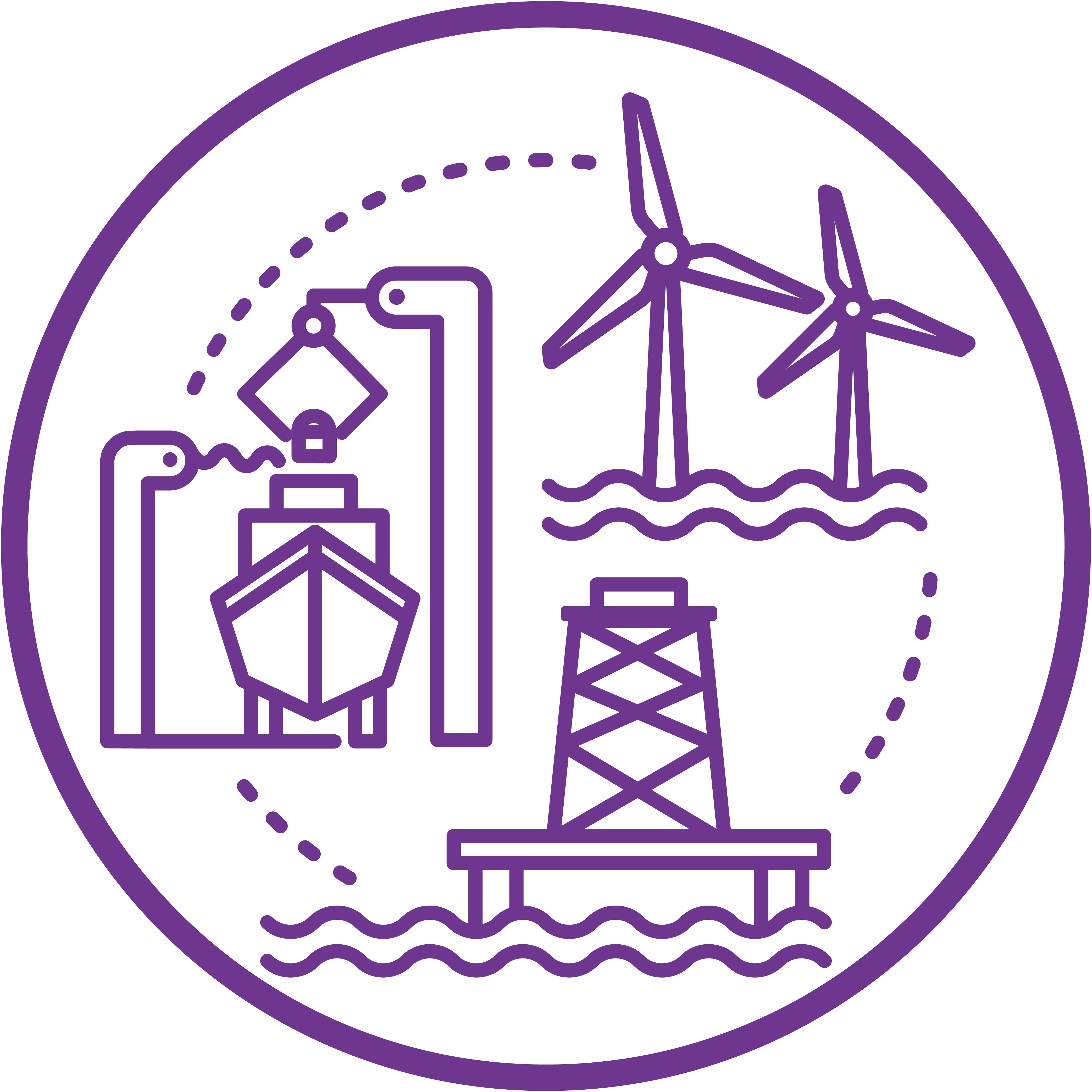 Sector-specific Industry Digital Plans: The marine and offshore engineering sector icon with a stylized image of a ship and an oil rig
