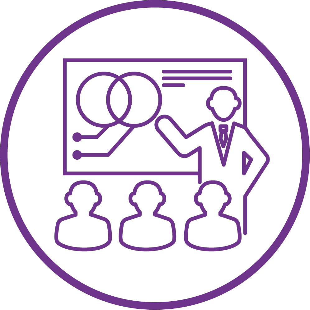 Training and Adult Education sector icon for Industry Digital Plans: Professional explaining whiteboard graphs to participants