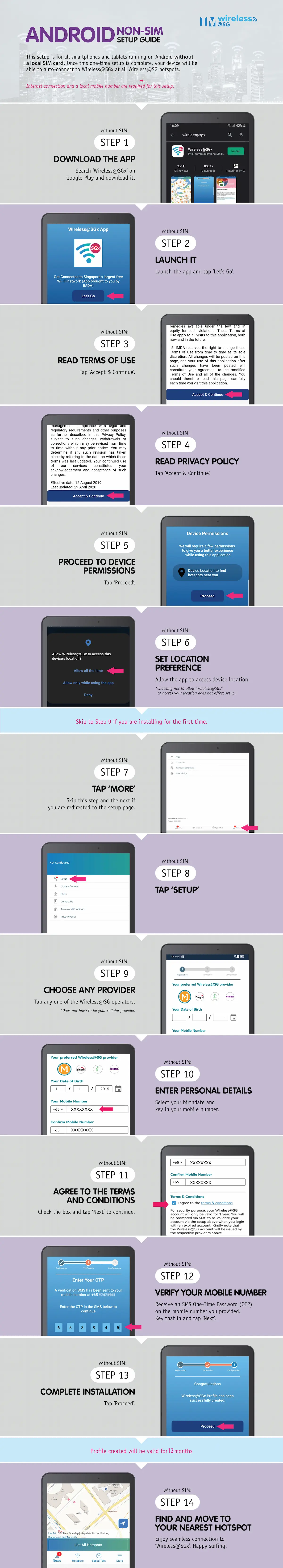 Wireless@SGx app step-by-step infographic setup guide for Android Non-SIM