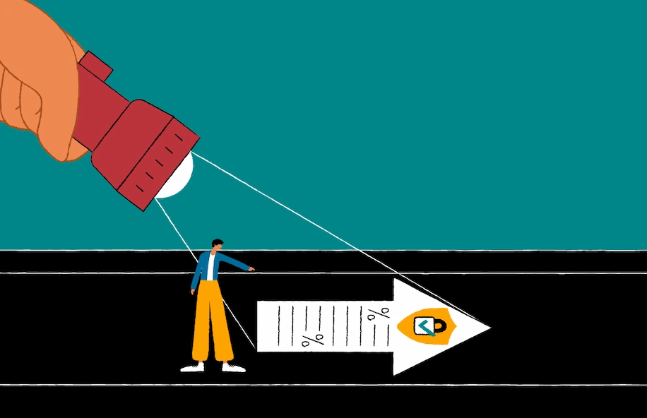 An illustration of a big hand holding a torch lighting the way with an arrow of safety report, to show them the right way to avoid harmful content. This symbolizes being transparent about their measures, and helping users make informed choices by avoiding harmful content.
