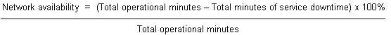 Network availability = (Total operational minutes - Total minutes of service downtime) x 100%/ Total operation minutes