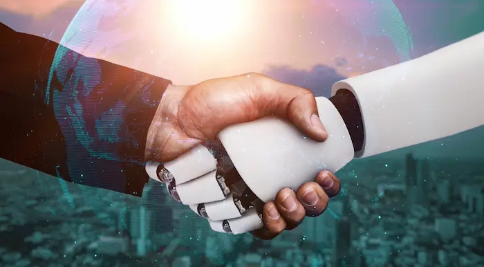 3D rendering humanoid robot handshake to collaborate future technology development by AI thinking brain, artificial intelligence and machine learning process for 4th industrial revolution.
