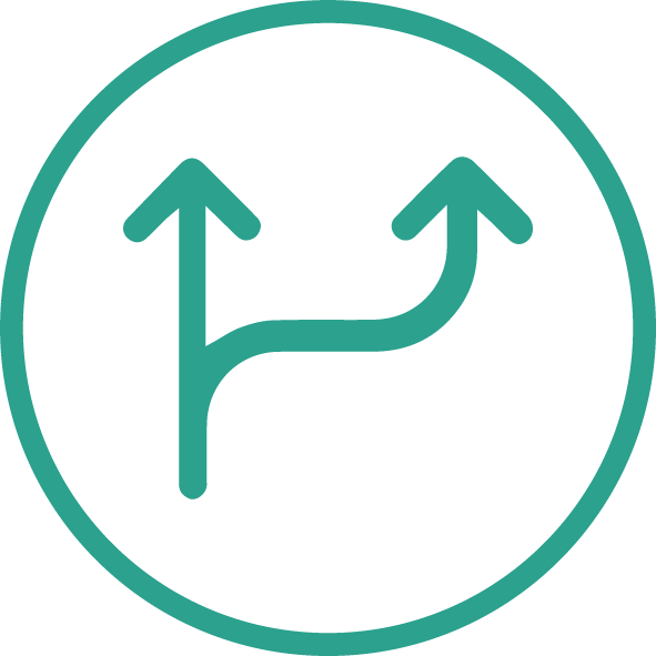 An icon of a circle with various pathways shown in arrows indicating the areas of development for artificial intelligence in Singapore