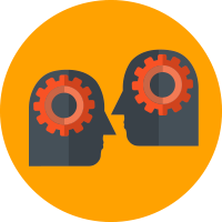 Icon of two heads with gears, representing Talent Development under IMDA's Media Manpower plan for nurturing a future-ready workforce in SG