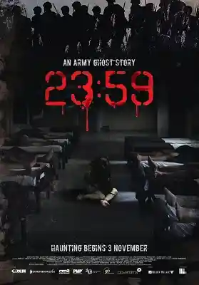 Film poster for "23:59", a Singaporean army ghost story, showing silhouettes of soldiers and eerie red numbers against a dark background.