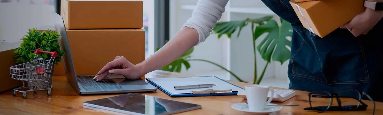 InvoiceNow banner - A person holding a parcel while working on a laptop