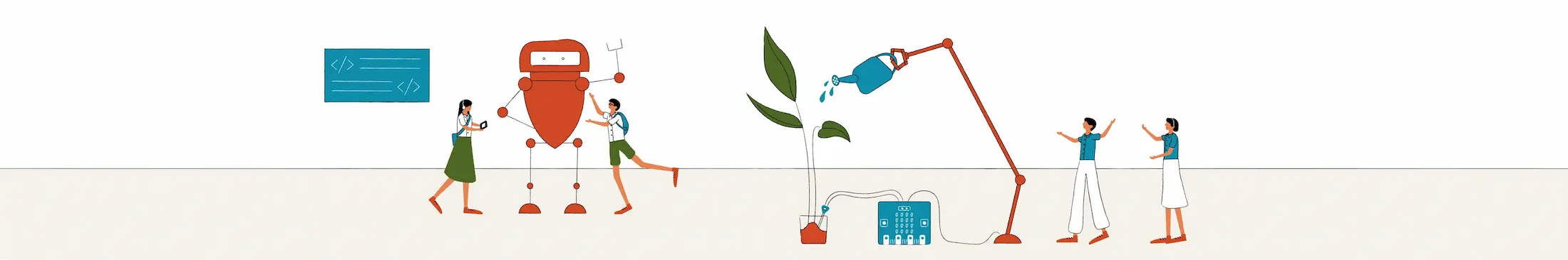 The illustration shows primary school students engaged in hands-on learning with a robotics kit, showcasing the practical application of computational thinking.   At the front, secondary school students are checking the plants moisture level by using microcontrollers, showing the program's focus on digital making and the integration of emerging technologies like microcontrollers. 