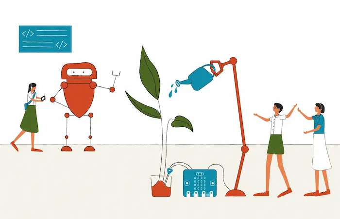 The illustration shows primary school students engaged in hands-on learning with a robotics kit, showcasing the practical application of computational thinking.   At the front, secondary school students are checking the plants moisture level by using microcontrollers, showing the program's focus on digital making and the integration of emerging technologies like microcontrollers. 