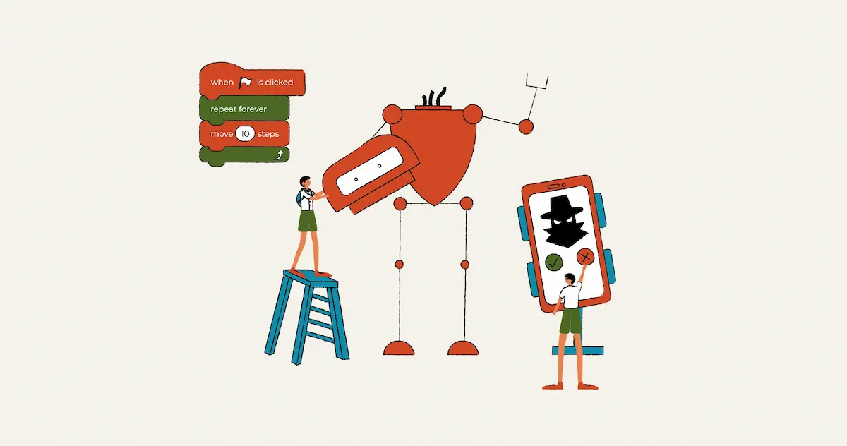 The illustration shows two primary school students engaged in fixing a malfunctioning robot. One student is inspecting the inner workings of the robot to identify the malfunction,  emphasizing the hands-on learning aspect.   While the other student has discovered a malware virus – a spyware. This helps to develop problem-solving abilities by tackling real-world issues such as cybersecurity threats. 