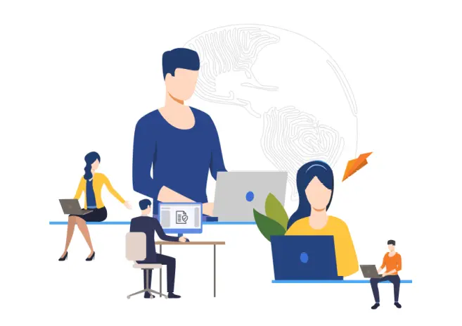 Illustration of individuals working on laptops.