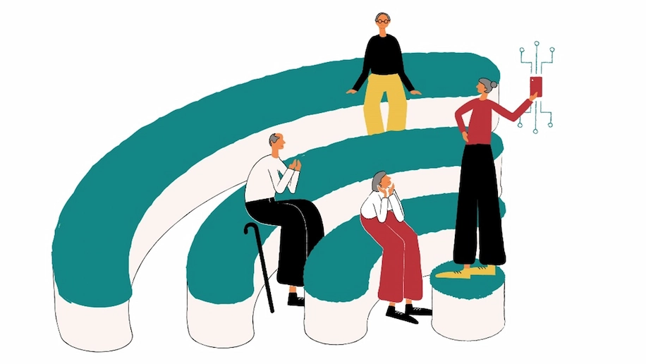 An illustration showing a Silver Infocomm Wellness Ambassador advocating digital skills to fellow seniors.