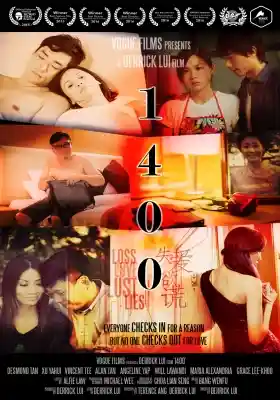 Film poster for "1400" by Derrick Lui, featuring a collage of intimate scenes and characters with award laurels at the top.
