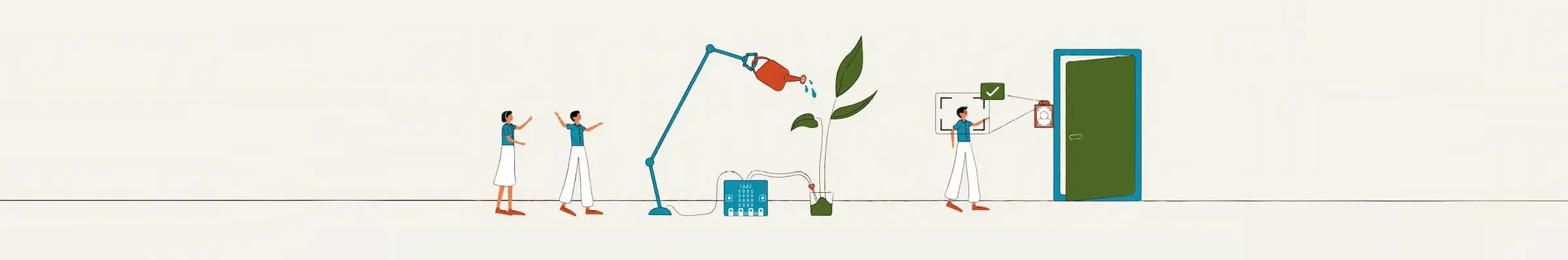The illustration shows primary school students engaged in hands-on learning with a robotics kit, showcasing the practical application of computational thinking.   At the front, secondary school students are checking the plants moisture level by using microcontrollers, showing the program's focus on digital making and the integration of emerging technologies like microcontrollers. 