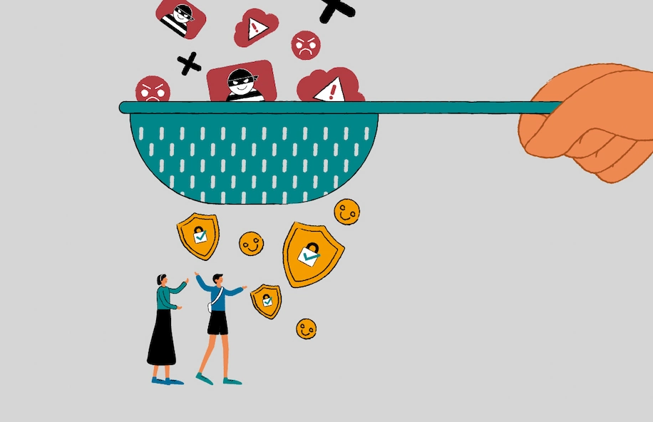 An illustration of a big hand holding onto a filter, filtering out harmful online content. With icons such as online scammers, data cloud breach, online negativity. This symbolises IMDA’s community guidelines filtering out harmful content to ensure children's online safety.