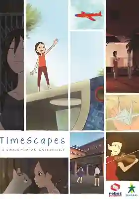 Film poster for Timescapes: A Singaporean Anthology, featuring animated scenes of daily life, including a child waving at a plane and origami cranes.